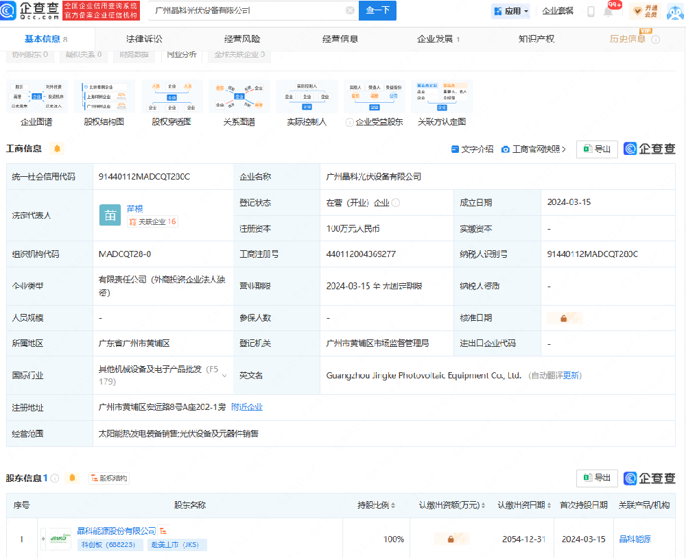 注冊資本100萬(wàn)元！晶科能源廣州成立光伏設備子公司