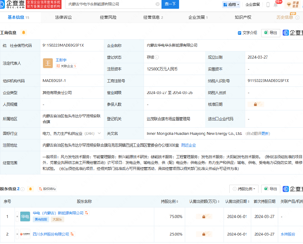 通威股份、華電在內蒙古成立新能源公司