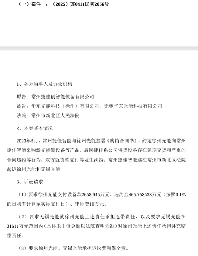 涉設備買(mǎi)賣(mài)合同糾紛！華東重機光伏子公司被告